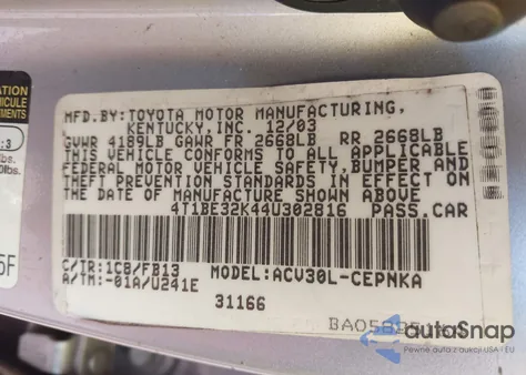 2004 Toyota Camry Le from USA, damaged, VIN 4T1BE32K44U302816